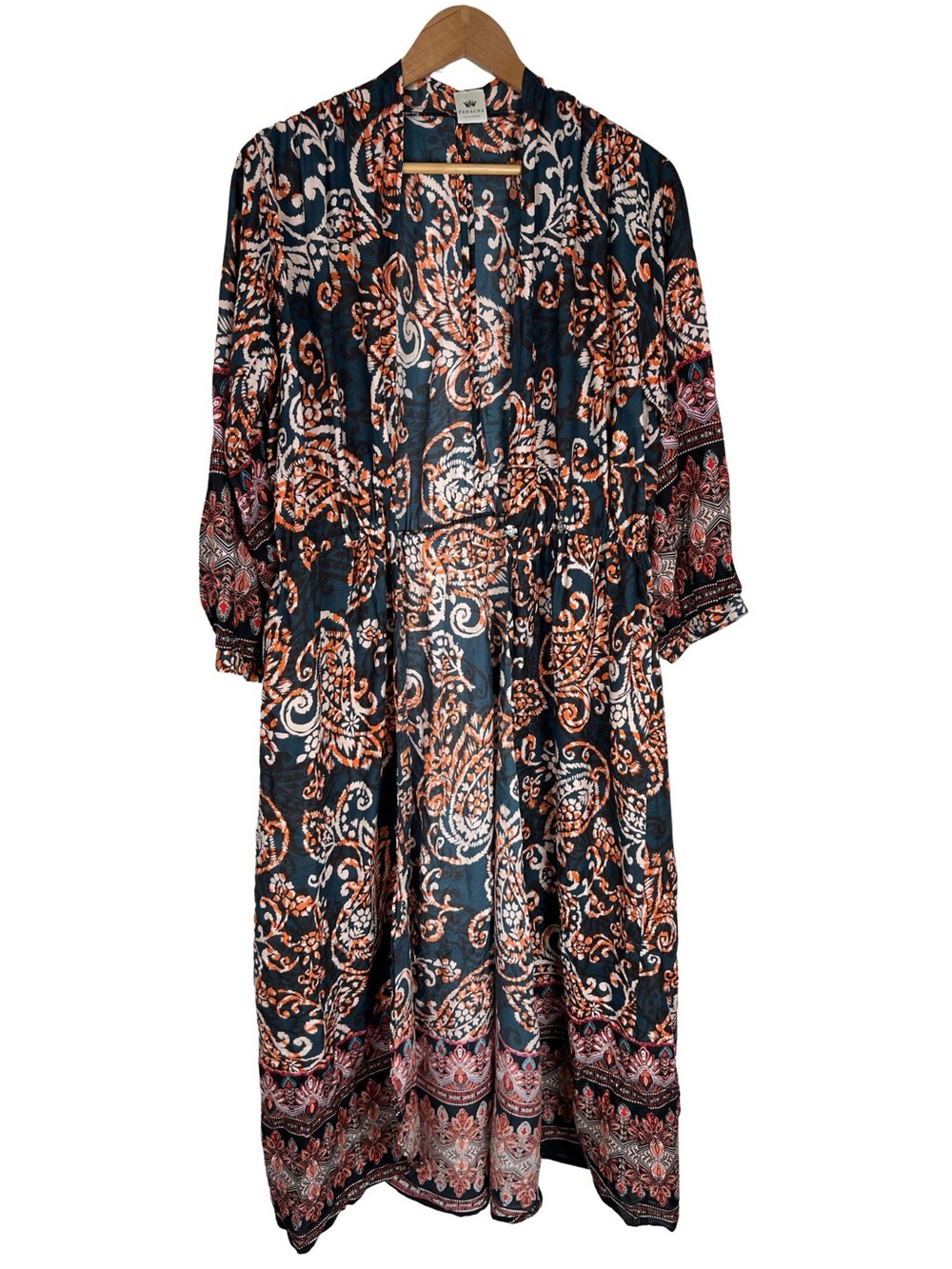 Panache Paisley Border Print Boho Kimono Duster Maxi Cardigan Womens M